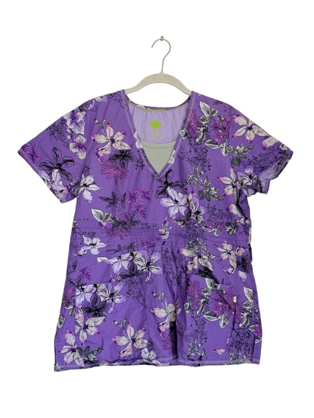 Healing Hands Floral V-Neck Nursing Scrub Top in Purple - Sz XL